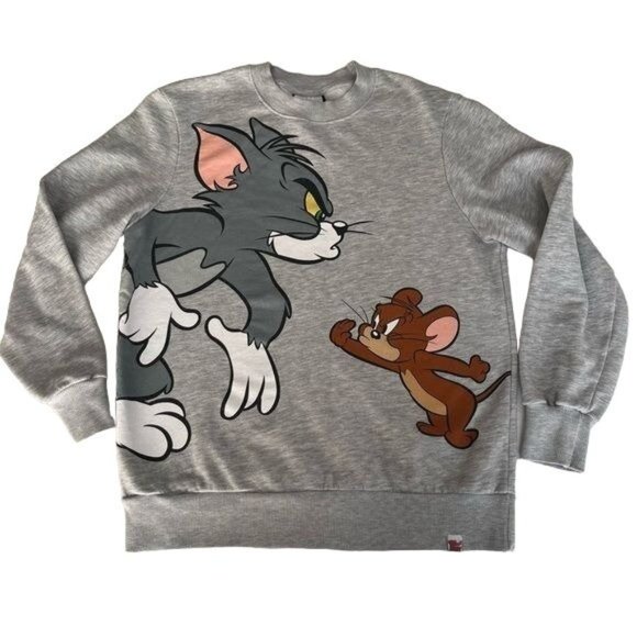 Tom And Jerry Tops - Lefti's Tom and Jerry Print Sweatshirt Grey Size S Pullover Long Sleeve Unisex